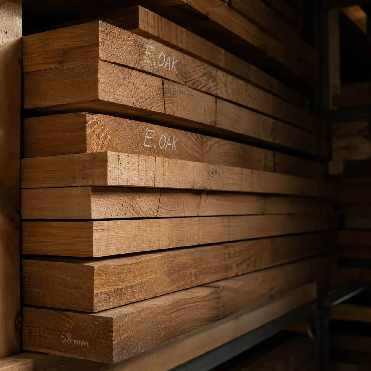 Stacked European oak boards labelled E.OAK in the timber rack